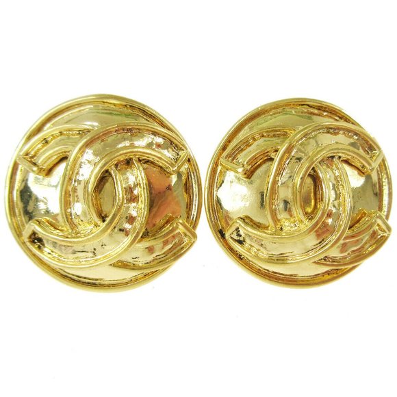 CHANEL, Jewelry, Chanel Cc Logos Button Motif Earrings Goldtone Cl